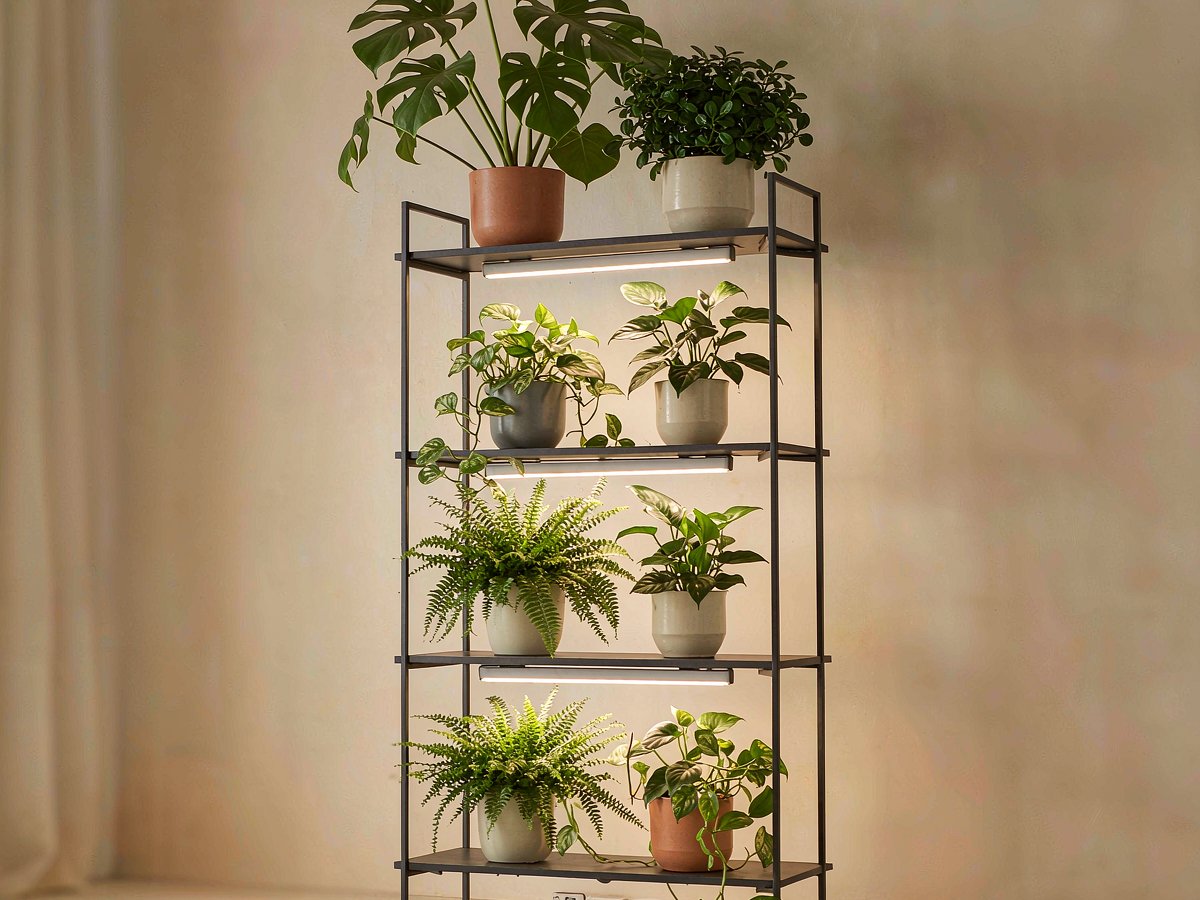 A metal plant stand filled with houseplants lit by LED grow light bars mounted under each shelf