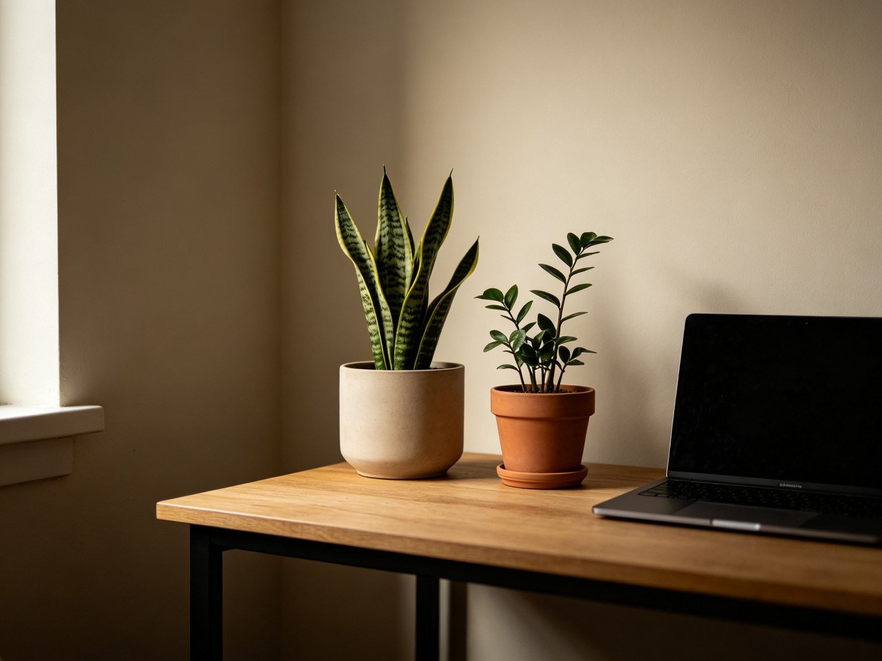 A snake plant and a ZZ plant in matte ceramic pots on a wooden desk in a dim north-facing corner
