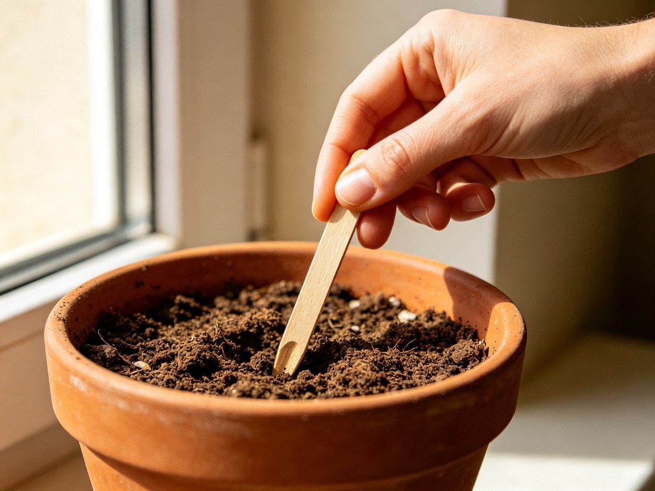 A hand inserting a wooden moisture meter probe into dry potting soil in a terracotta pot by a window