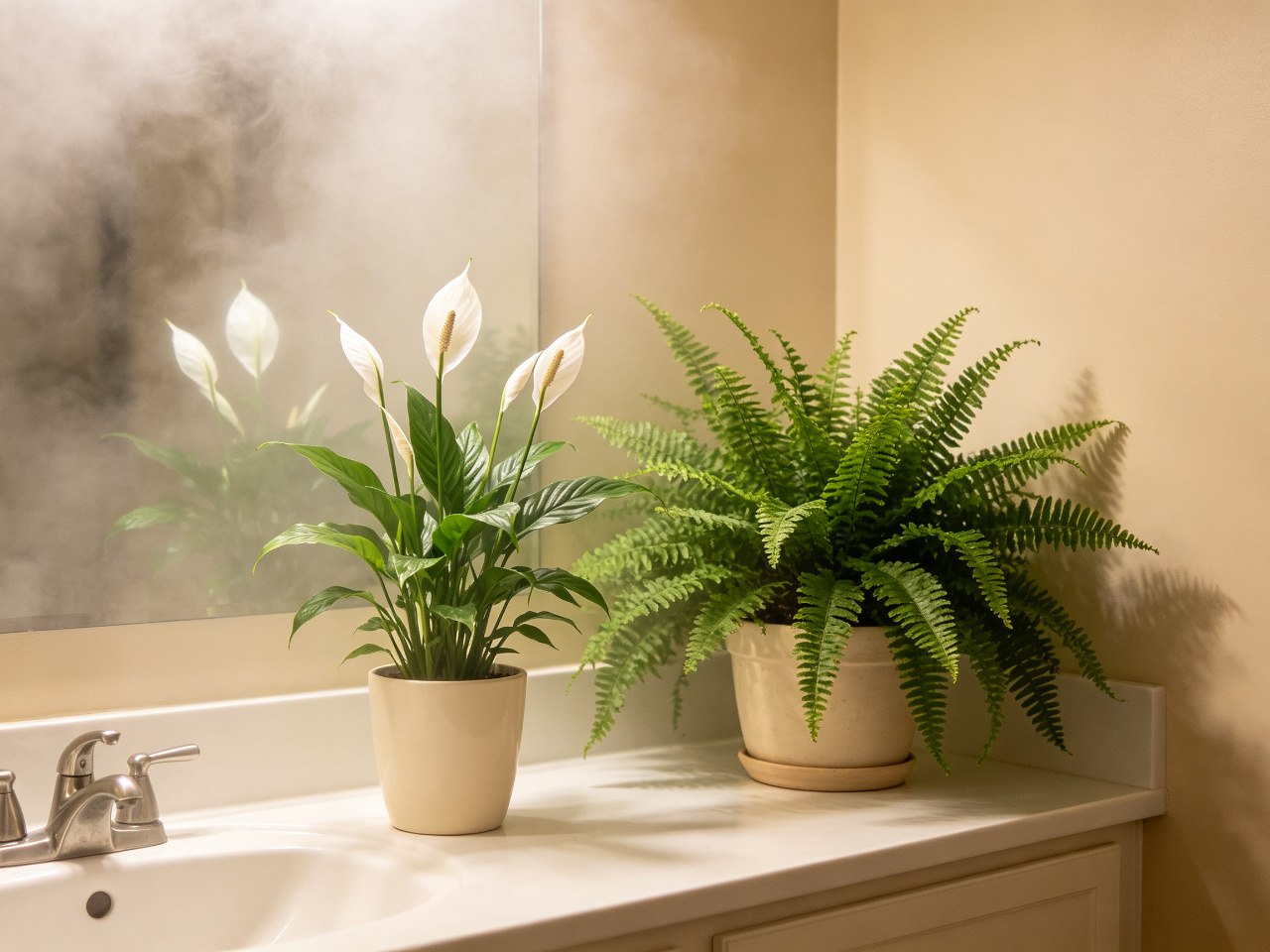 A peace lily with white blooms and a lush Boston fern in cream pots on a bathroom counter near a mirror