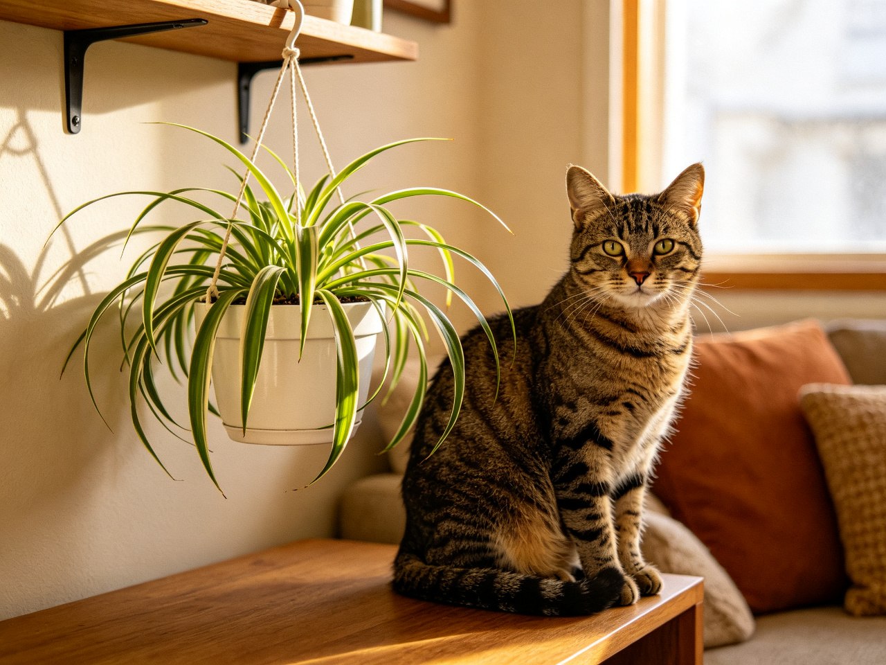 A tabby cat sitting calmly beside a healthy trailing spider plant in a white hanging pot on a wooden shelf