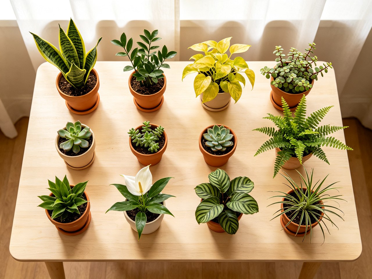 An overhead flat-lay of nine beginner houseplants in simple pots arranged in a grid on a pale wooden table